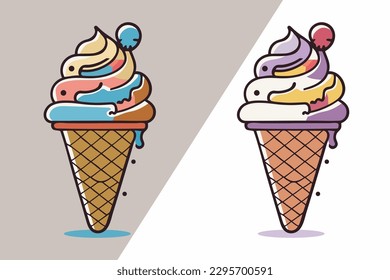 Cute Ice Cream Cartoon line art vector Icon illustration, Food drink Flat Cartoon Concept Pro Vector, Ice Cream Cartoon, cone, cartoon ice cream, Cute Ice Cream logo