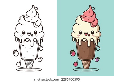 Cute Ice Cream Cartoon line art vector Icon illustration, Food drink Flat Cartoon Concept Pro Vector, Ice Cream Cartoon, cone, cartoon ice cream, Cute Ice Cream logo