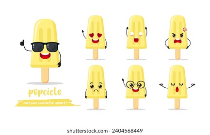 süße Eiscreme-Cartoon mit vielen Ausdrücken. popsicle Charakter verschiedene Aktivität stellen Vektorgrafik flach Design Set mit Sonnenbrille.