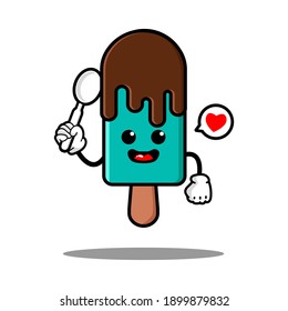 cute ice cream cartoon mascot character funny expression holding spoon