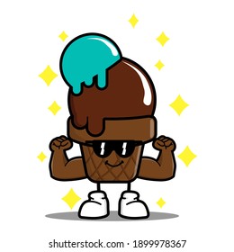 cute ice cream cartoon mascot character funny expression showing muscle