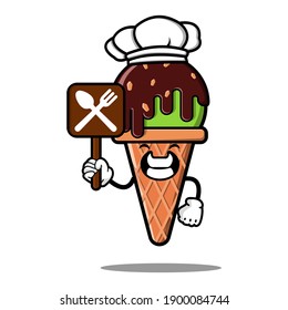cute ice cream cartoon mascot character funny expression showing restaurant symbol
