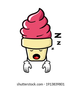 cute ice cream cartoon mascot character funny expression tired and sleeping 