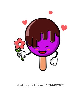 cute ice cream cartoon mascot character funny expression giving flower