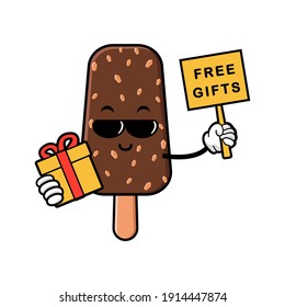 cute ice cream cartoon mascot character funny expression  holding gifts box