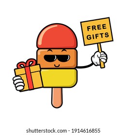 cute ice cream cartoon mascot character funny expression  holding gifts box
