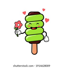 cute ice cream cartoon mascot character funny expression giving flower