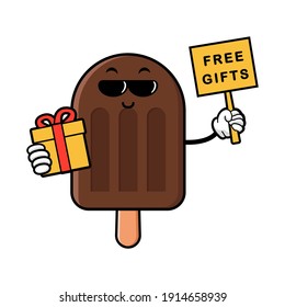 cute ice cream cartoon mascot character funny expression  holding gifts box