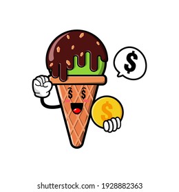 cute ice cream  cartoon mascot character funny expression holding coin with money eye