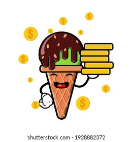 cute ice cream  cartoon mascot character funny expression holding coin pile