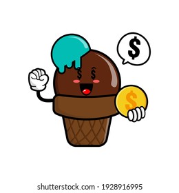 cute ice cream  cartoon mascot character funny expression holding coin with money eye