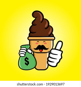 cute ice cream cartoon mascot character funny expression holding money pouch with tumb up