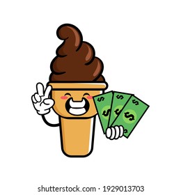 cute ice cream cartoon mascot character funny expression holding money with peace gesture