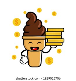 cute ice cream  cartoon mascot character funny expression holding coin pile