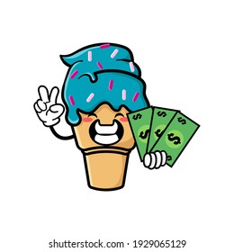 cute ice cream cartoon mascot character funny expression holding money with peace gesture