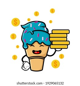 cute ice cream  cartoon mascot character funny expression holding coin pile