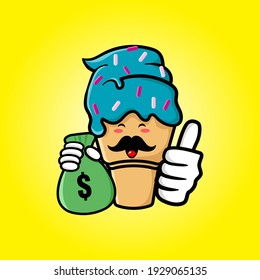 cute ice cream cartoon mascot character funny expression holding money pouch with tumb up