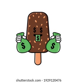 cute ice cream cartoon mascot character funny expression with money eye and holding money pouch