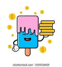 cute ice cream  cartoon mascot character funny expression holding coin pile