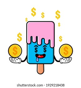 cute ice cream  cartoon mascot character funny expression with money eye and holding gold coin