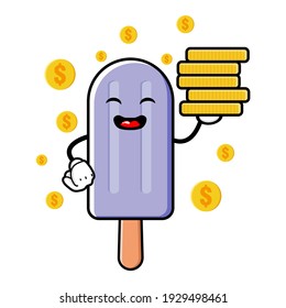 cute ice cream  cartoon mascot character funny expression holding coin pile
