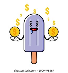 cute ice cream  cartoon mascot character funny expression with money eye and holding gold coin