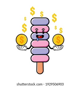 cute ice cream  cartoon mascot character with funny expression with money eye and holding gold coin