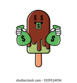 cute ice cream cartoon mascot character funny expression with money eye and holding money pouch