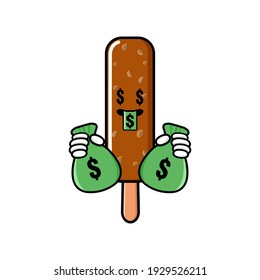 cute ice cream cartoon mascot character funny expression with money eye and holding money pouch