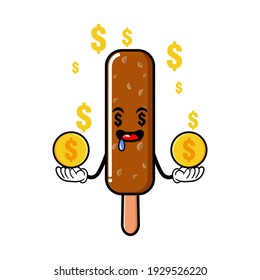 cute ice cream  cartoon mascot character funny expression with money eye and holding gold coin