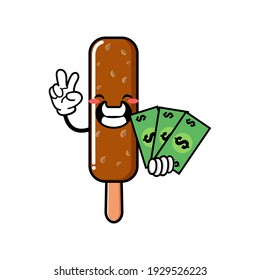 cute ice cream cartoon mascot character funny expression holding money with peace gesture