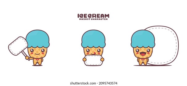 cute ice cream cartoon mascot, with blank board banner, isolated on a white background.