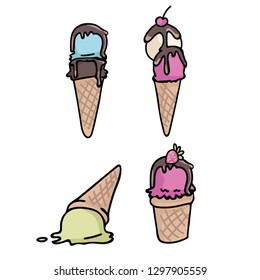 Cute ice cream cartoon vector illustration motif set. Hand drawn summer treat elements clipart for sweeties food graphic, web buttons.
