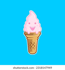 dibujos animados de helado lindo ilustración vectorial en cono de waffle con estilo dibujado con la mano feliz