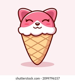 Cute Ice Cream Cat  Illustration. Animal Flat Cartoon Style