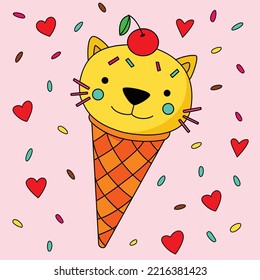Cute ice cream cat shape ice cream coloring artwork vector flat illustration