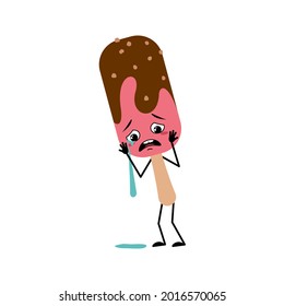 Cute ice cream character with crying and tears emotion, sad face, depressive eyes, arms and legs. Sweet cold food, dessert popsicle