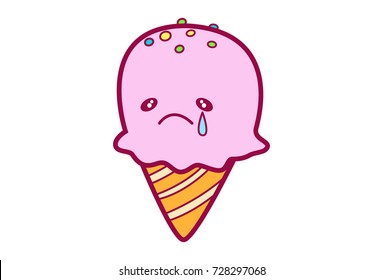 Cute Ice Cream Character Crying.Vector Illustration. Isolated on white background.