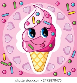 Cute ice cream character. Delicious desert. Cartoon flat vector illustration. Children's illustration.