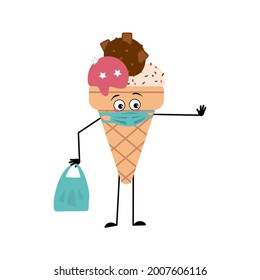 Cute ice cream character with emotions, face in a mask keep at a distance, hands with a shopping bag and a stop gesture. Sad sweet cold hero food. Summer dessert with eyes