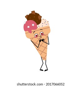 Cute ice cream character falls in love with eyes hearts, kiss face, arms and legs. A funny happy waffle cup, joyful sweet food, cold dessert