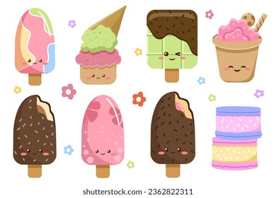 Cuidado personaje de helado clipart plano, pegatina linda