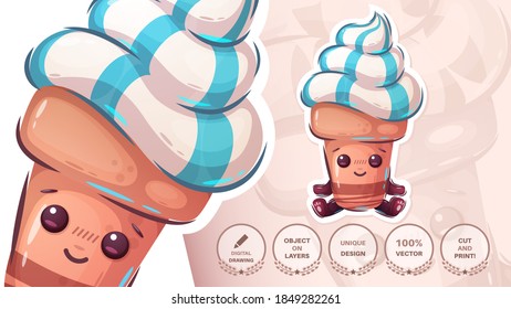 Cute ice cream character - funny sticker. Vector eps 10