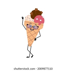 Cute ice cream character with glasses and joyful emotions, smile face, happy eyes, arms and legs. Sweet food, dessert waffle cup