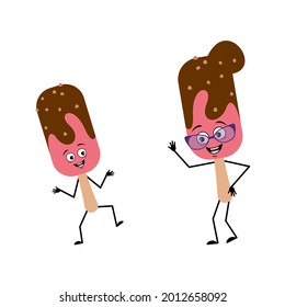 Cute ice cream character with joyful emotions, smile face, happy eyes, arms and legs. Sweet cold food, dessert popsicle. Funny grandmother with glasses and grandson