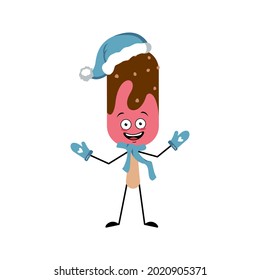 Cute ice cream character with joyful emotions, smile face, happy eyes, arms and legs. Sweet cold food, dessert popsicle. Happy New Year symbol in a red Santa hat, scarf and mittens