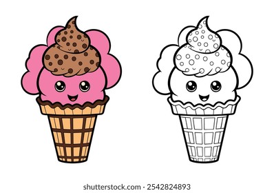Cute Ice cream Character line art. Coloring page for kids. Vector illustration
