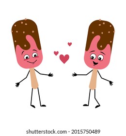 Cute ice cream character with love emotions, smile face, arms and legs. Sweet cold food, dessert popsicle fall in love