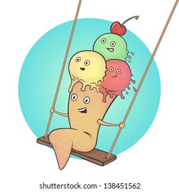 Cute ice cream character on a swing