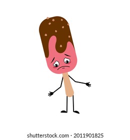 Cute ice cream character with sad emotions, depressed face, arms and legs. Dreary popsicle, down eyed sweet food, chocolate dessert